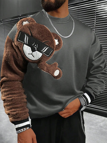 Loose Fit Men's Embroidered Bear Pattern Pullover Sweater