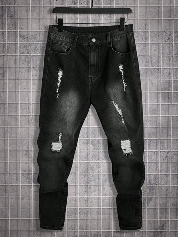 Men Ripped Frayed Bleach Wash Jeans