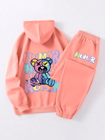 Bear And Letter Graphic Drawstring Thermal Lined Hoodie & Sweatpants