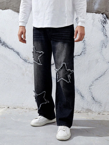 Men's Loose Fit Straight Leg Jeans With Star Pattern