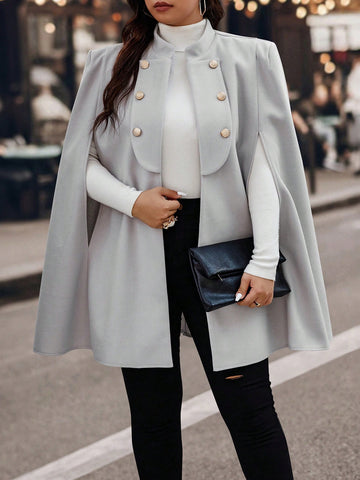Plus Double Breasted Cloak Sleeve Open Front Cape Overcoat
