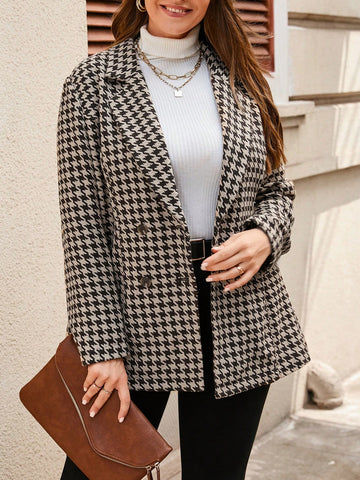 Plus Houndstooth Print Lapel Neck Double Breasted Blazer