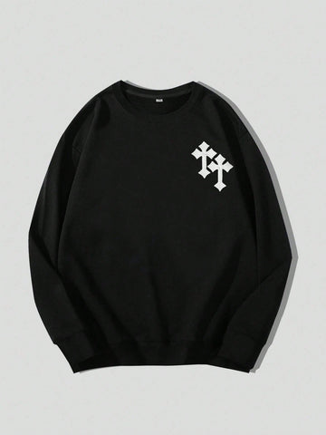 Men Cross Embroidery Round Neck Sweatshirt