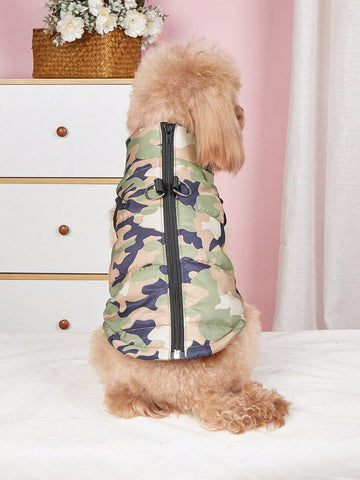 1pc Pet Clothes Autumn And Winter Fashionable Vest, Color Block Camouflage, Zipper And Leash Hole, For Bichon Frise, Poodle, Cotton-Padded Jacket
