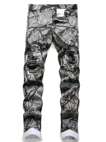 Men Allover Print Ripped Jeans