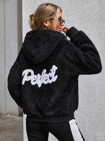 Women Spring Autumn Casual Hooded Plush Jacket With Letter Embroidery Long Sleeve