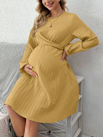 Maternity Lantern Sleeve Textured Fabric Dress