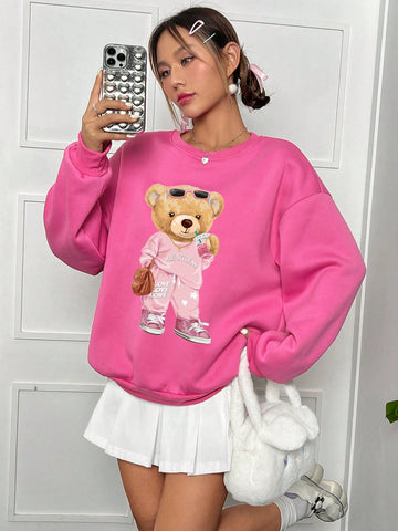 Casual And Simple Cartoon Bear Pattern Long Sleeve Round Neck Oversized Women Sweatshirt, Suitable For Autumn And Winter