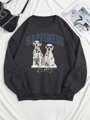 Casual Women's Round Neck Sweatshirt With Dalmatian Printed Pattern, Long Sleeve And Oversized
