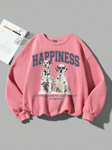 Letter & Dalmatian Dog Pattern Printed Casual Round Neck Ladies' Sweatshirt, Loose Fit, Suitable For Autumn And Winter