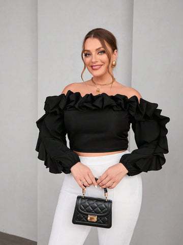 Elegant Plus Size One-Shoulder Ruffled Long-Sleeved Short Fitted Solid Color Top For A Date Out On The Street, Suitable For Spring And Summer