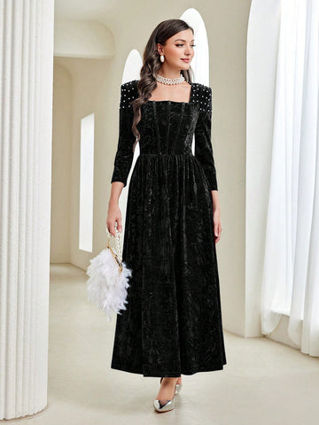 Velvet Dress With Beaded Decorated Square Neckline For An Elegant Look