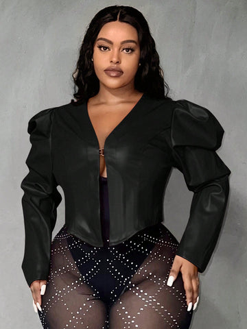 Plus Size Women's Pu Jacket With Leg-of-mutton Sleeves