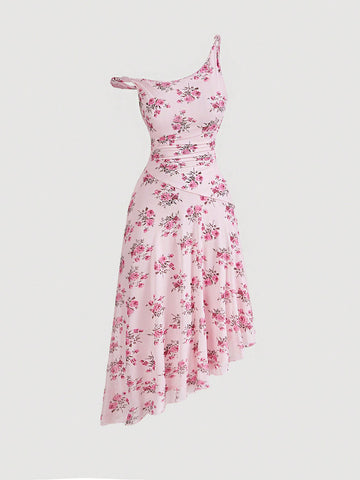 Floral Print Asymmetrical Neck Ruffle Hem Dress