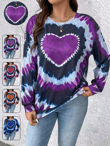 Plus Size Women's Heart Tie-dye Printed Sweatshirt