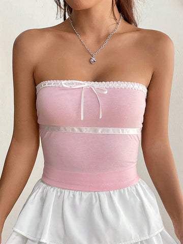 Lace Trim Bow Front Tube Top