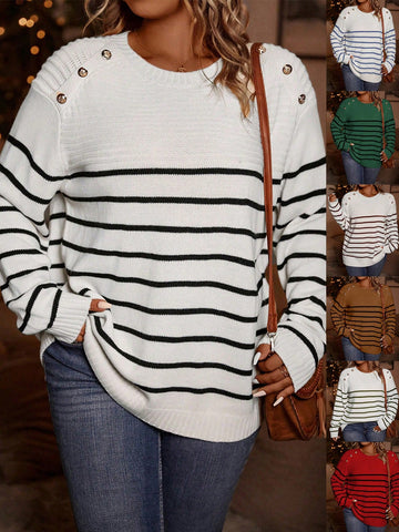 Plus Size Striped Sweater With Button Detail And Drop Shoulder
