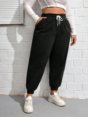 Plus Size Drawstring Waist Casual Comfortable Cropped Pants With Elastic Cuffs
