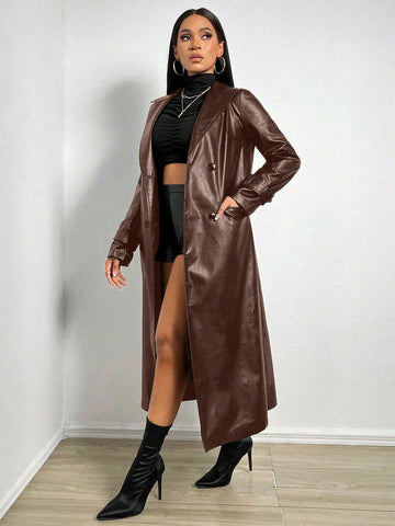 Women's Brown Faux Leather Windbreaker Coat For Fall And Winter