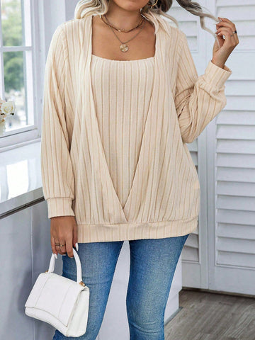 Plus Size Solid Colored Knitted Sweatshirt With Square Collar