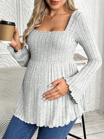 Maternity Solid Color Long Sleeve T-shirt, Simple Style