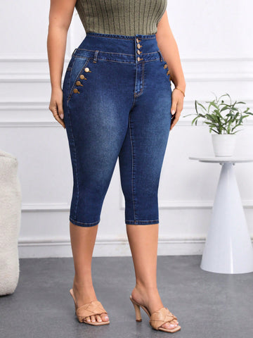 Women'S Plus Size Button Front Elastic Waist Capri Jeans