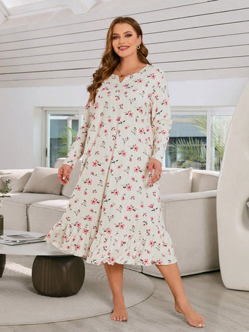 Plus Size Women's Cute Floral Print Ruffle Hem Homewear Nightgown Dress