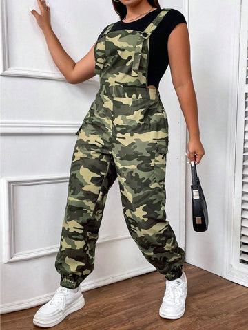 Plus Camo Print Overall Jumpsuit Without Tee