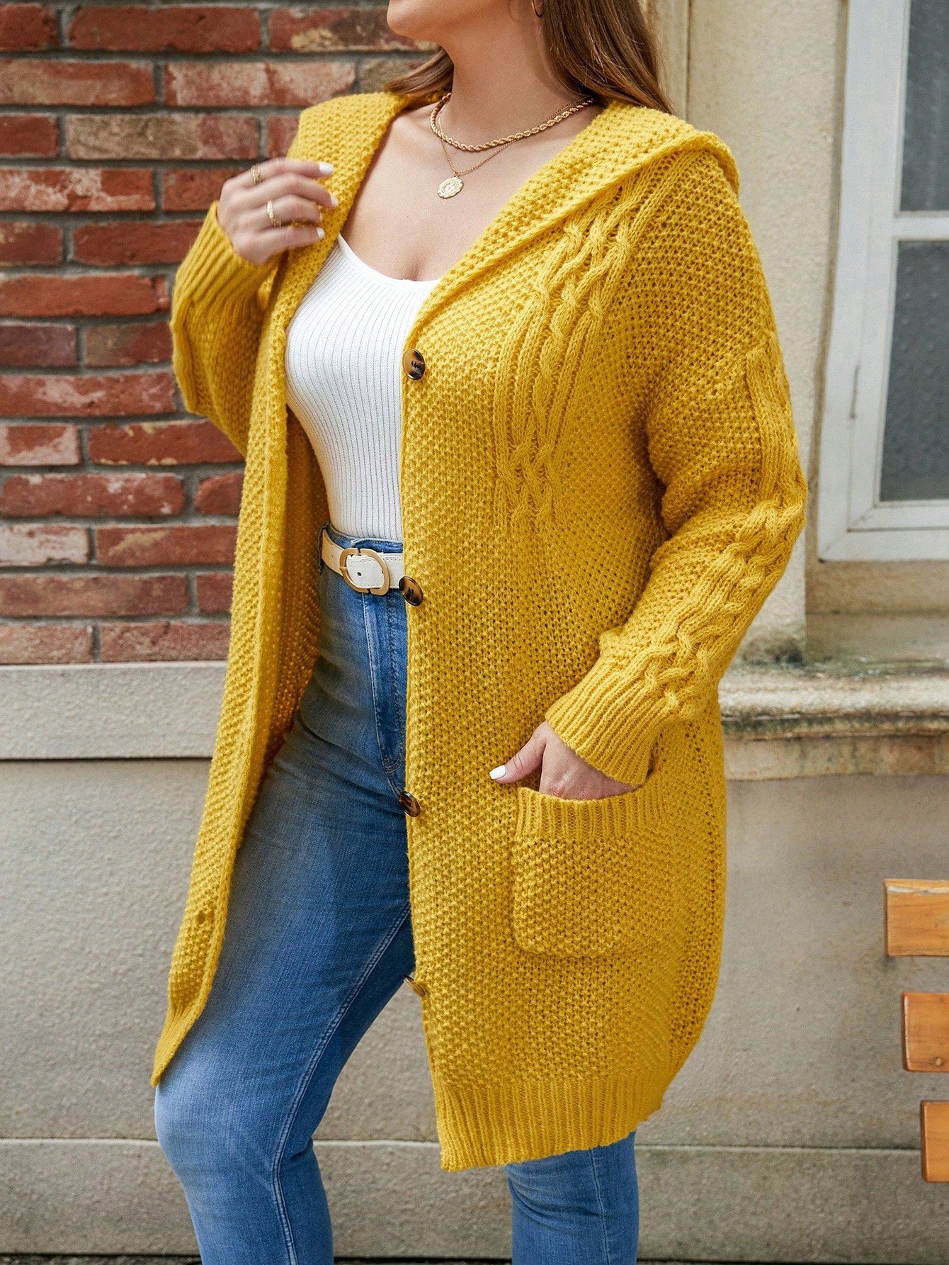 Plus Size Women's Cable Knit Hooded Cardigan