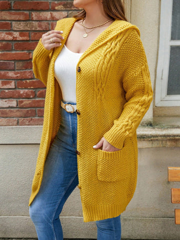 Plus Size Women's Cable Knit Hooded Cardigan