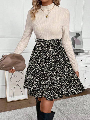 Women's Stand Collar Ribbed Knit Drop Shoulder Floral Printed Sweater Dress