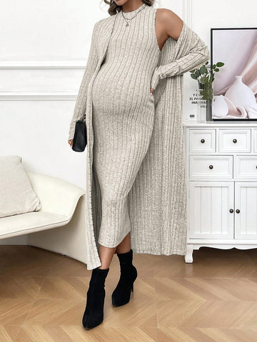 Maternity Solid Color Dress And Coat Set