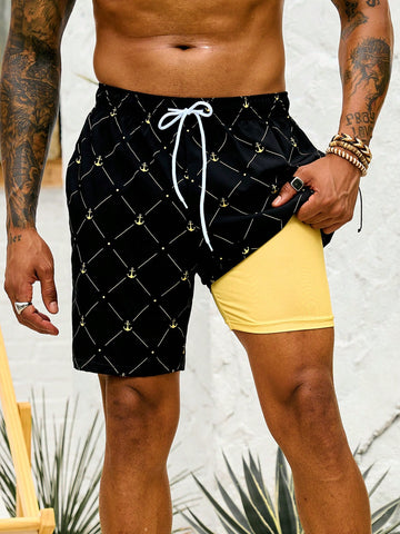 Men's Loose Fit Drawstring Beach Shorts With Diamond Grid Pattern