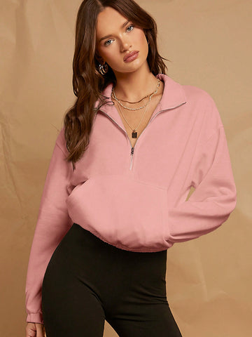 Women's Solid Color Drop Shoulder Half-zipper Sweatshirt