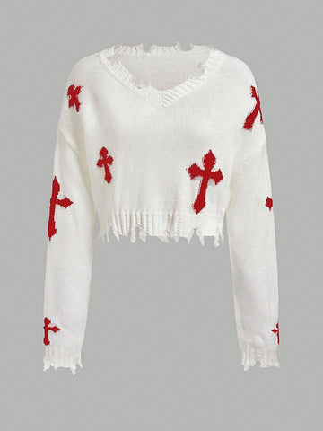 Women's Cross Pattern Frayed Drop Shoulder Sweater