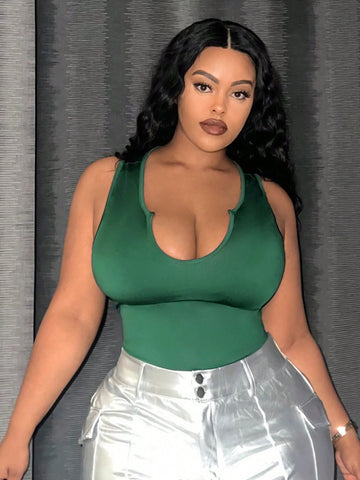 Plus Size Elegant & Party & Sexy Slim Fit Solid Green Sleeveless Bodysuit With Deep V-Neckline For Women, Spring/Summer