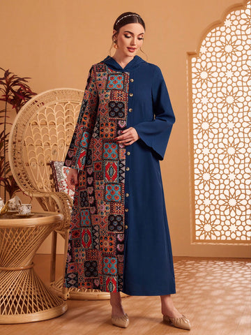Women's Modest Floral Printed Hooded Dress