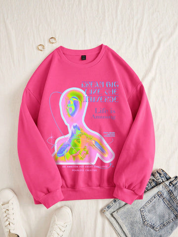 Casual And Simple Thermal Imaging Print Long Sleeve Round Neck Oversized Women Sweatshirt For Fall And Winter