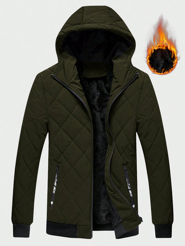 Men's Loose Fleece Lined Hooded Quilted Jacket With Zipper