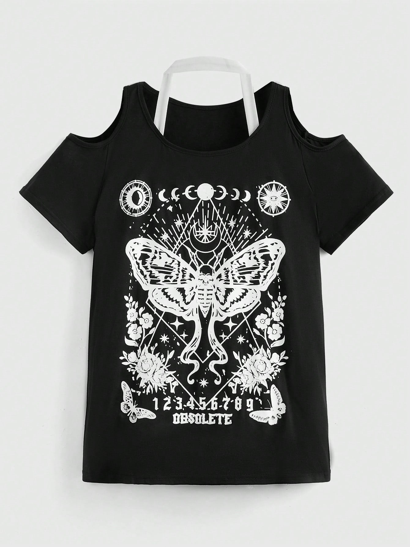 Halterneck Moth Printed Oversized Casual T-Shirt With Hollow Out Design
