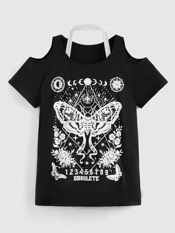 Butterfly Printed Oversized Casual T-Shirt With Halter Neck And Off Shoulder Design