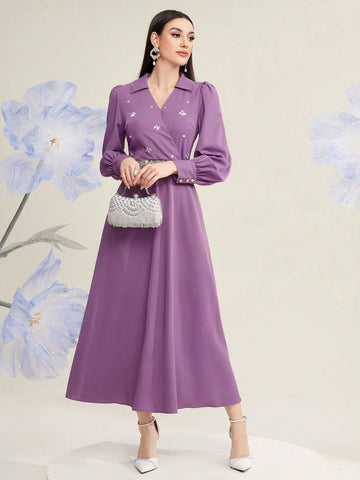Women'S Plain Color Dress With Rhinestone Decoration