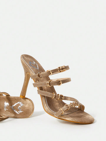 Women's Fashionable Gold Buckle High Heel Round Toe Sandals