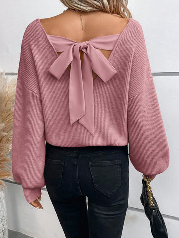 Women's Lantern Sleeve Knitted Sweater With Back Bowknot
