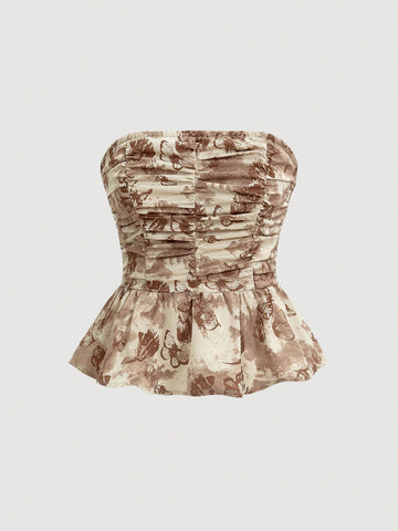 Women's Butterfly Printed Strapless Top With Pleats, Ruffles And Asymmetric Hem