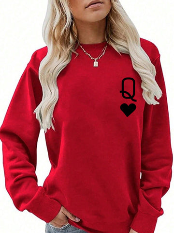 Plus Size Letter & Heart Print Round Neck Sweatshirt
