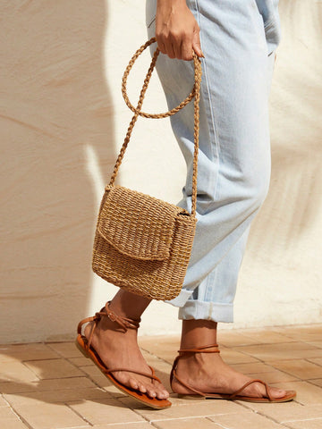 Flap Striped Print Straw Bag,Woven Bag,Perfect For Summer Beach Travel Vacation,For Outdoor,Holiday
