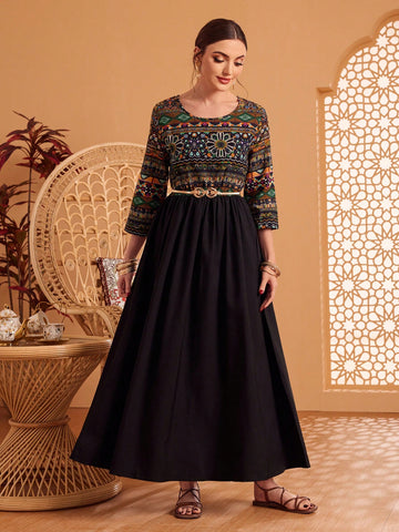 Women'S Geometric Pattern 3/4 Sleeve Arabic Style Dress