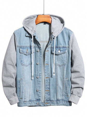 Men's Drawstring Hoodie Jacket With Chest Pocket & Denim Patchwork