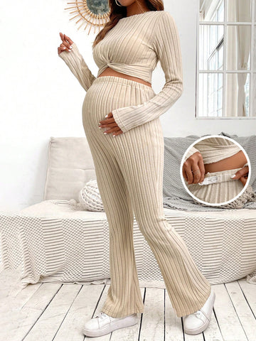 Pregnant Women's Solid Color Ribbed Knit Two Piece Set